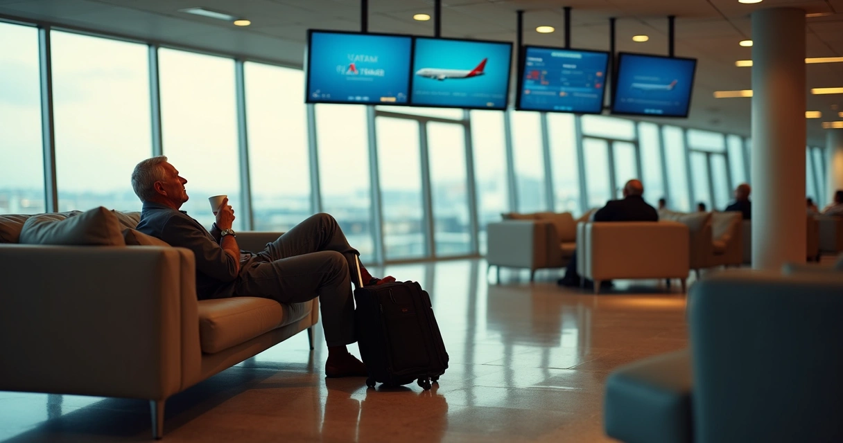 Assinante relaxando em sala VIP de aeroporto moderno 