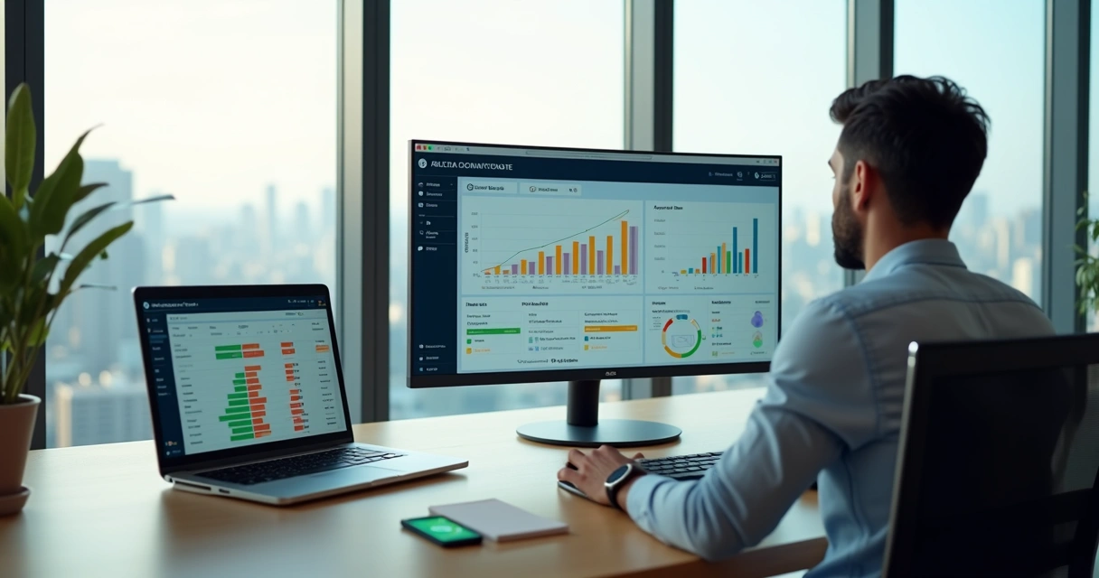 Gestor financeiro analisando painel de cobrança moderno com gráficos no computador 