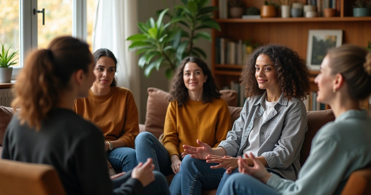 Support group sitting in a circle inside a cozy room, one person confidently speaking while others listen with encouragement. 
