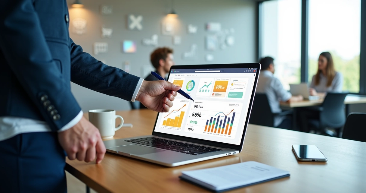 Vendedor mostrando oferta de upsell em tela com gráfico de vendas em alta 