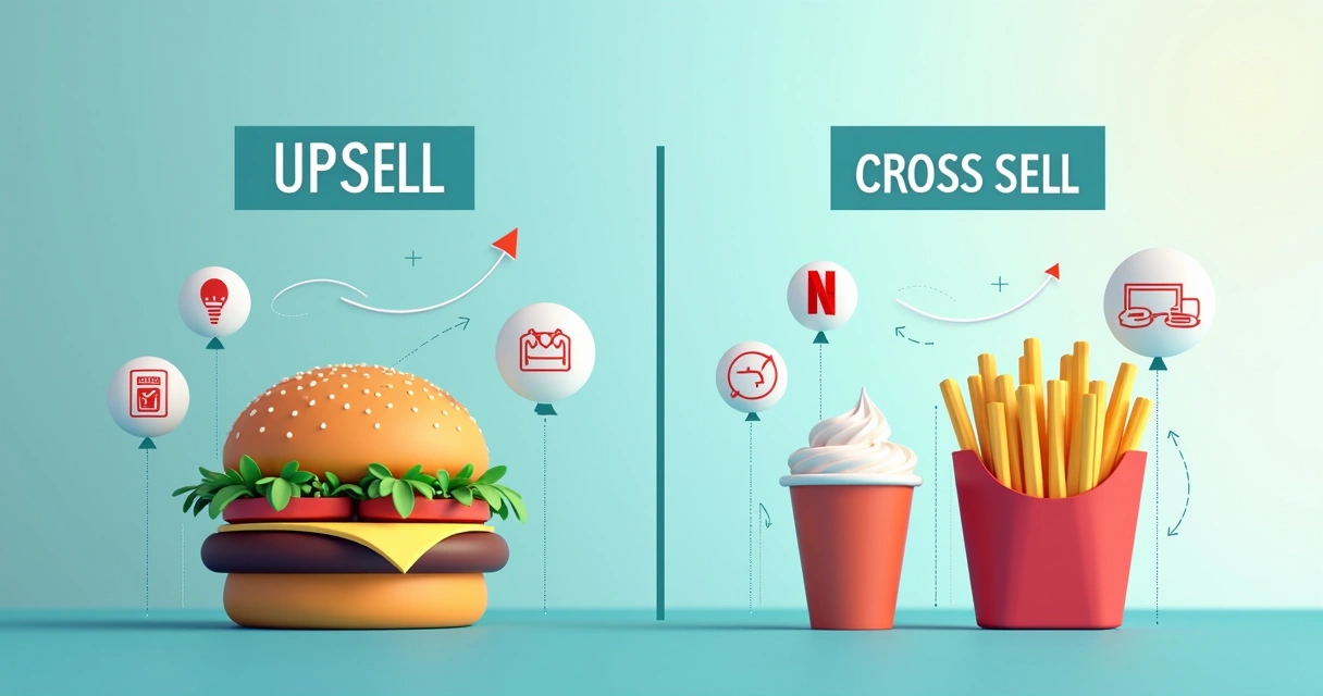 Gráfico ilustrando diferenças entre upsell e cross sell com ícones de produtos complementares e versões aprimoradas 