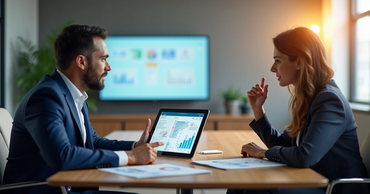 Vendedor apresentando novas soluções a cliente em reunião B2B 