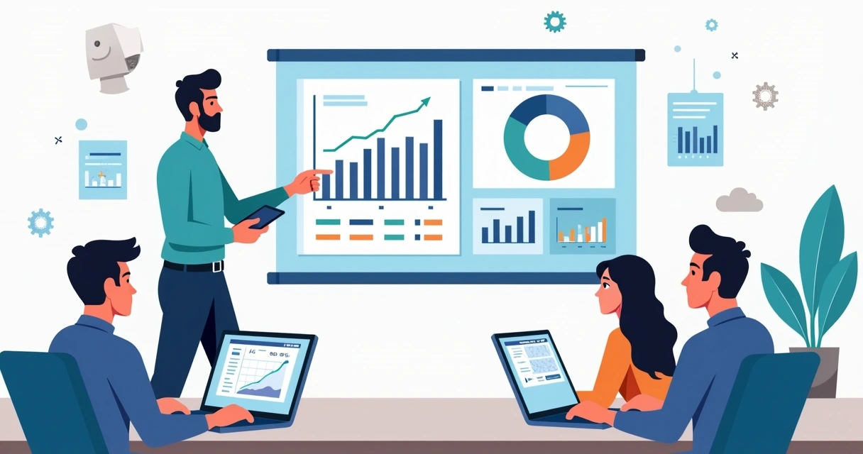 Ilustração corporativa de equipe aprendendo análise de dados para aumentar competitividade 