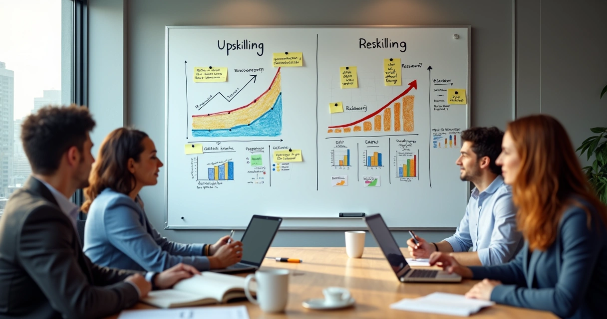 Comparação visual entre upskilling e reskilling em mural de escritório de RH 