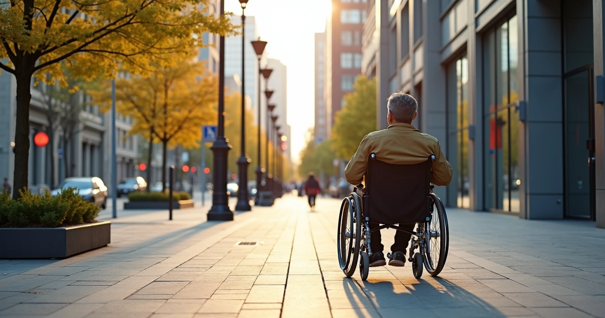 Wheelchair user navigating ramp and accessible sidewalk in cityscape 