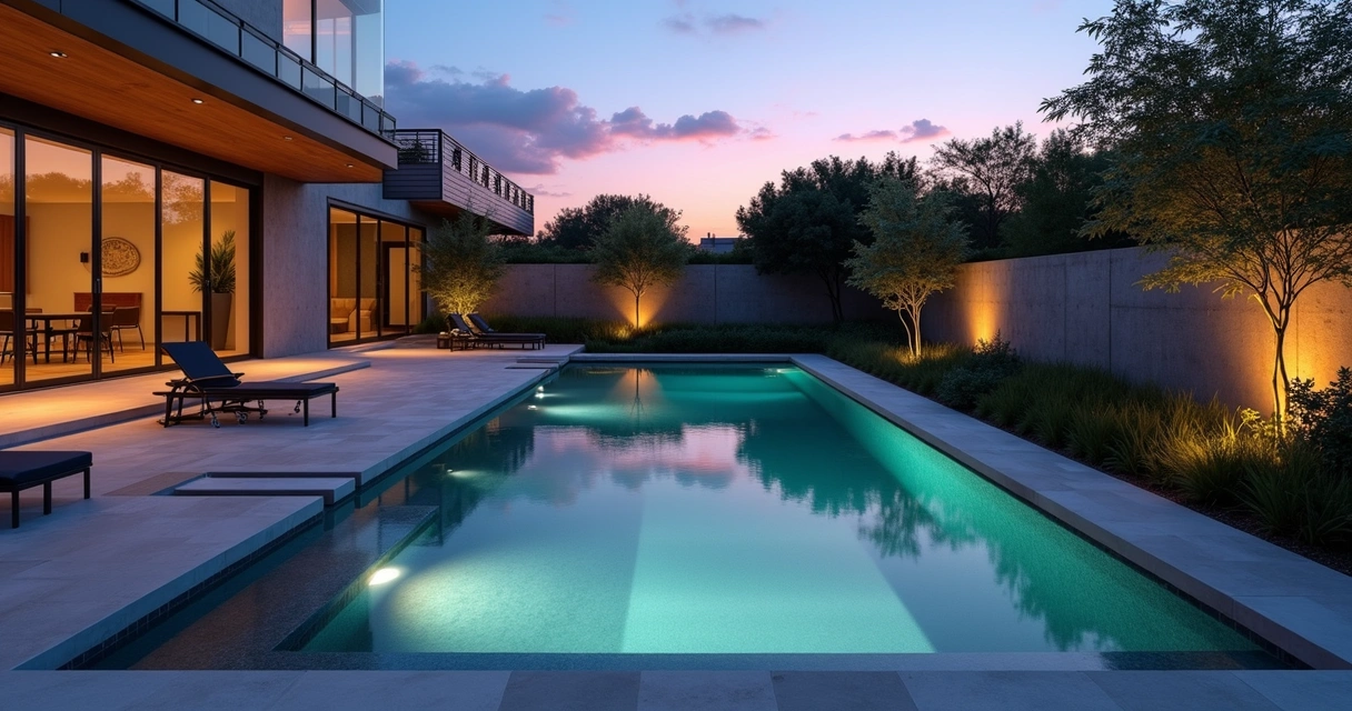 Reflecting pool in modern Austin backyard at dusk 