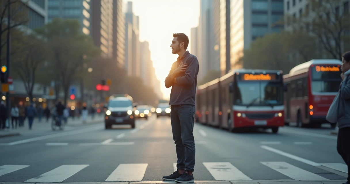 Person pausing on a city sidewalk to breathe calmly 