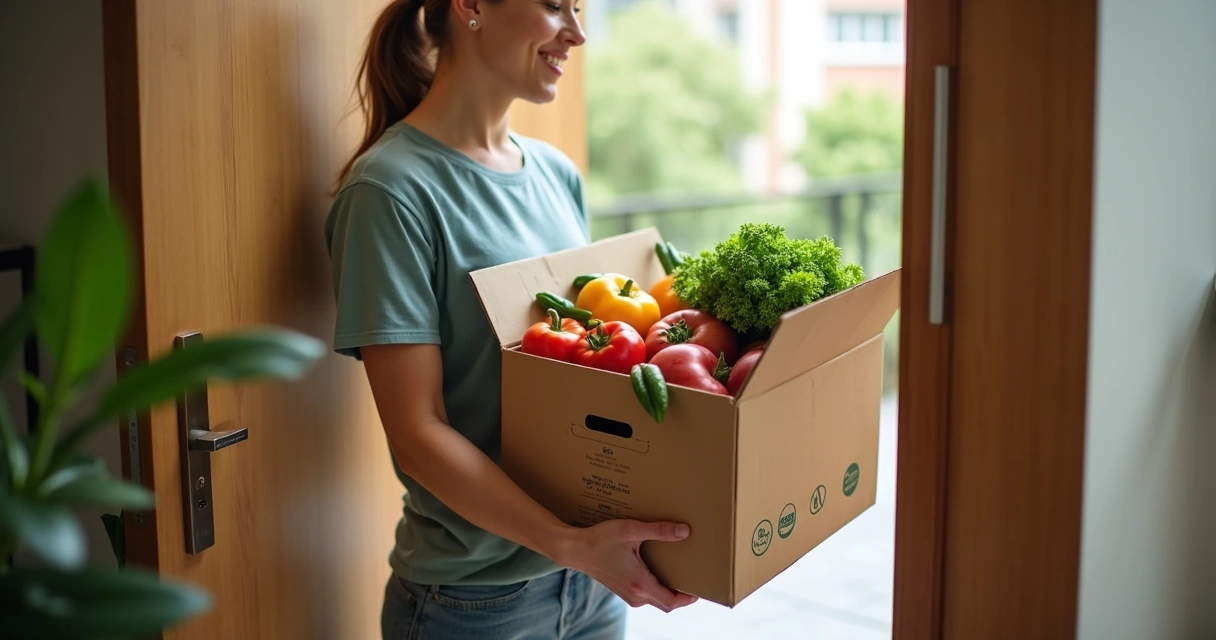 Urban consumer receiving organic produce delivery at door 