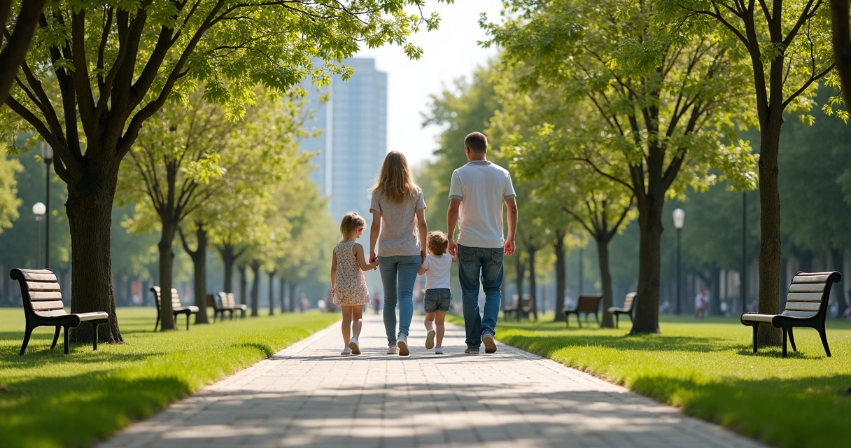 Family walking together in a city park 