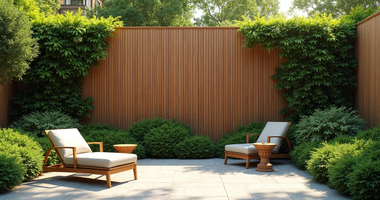 Modern garden with high wooden fence and lush plants 