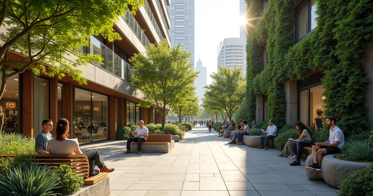 Modern urban courtyard with vertical gardens and paved paths 