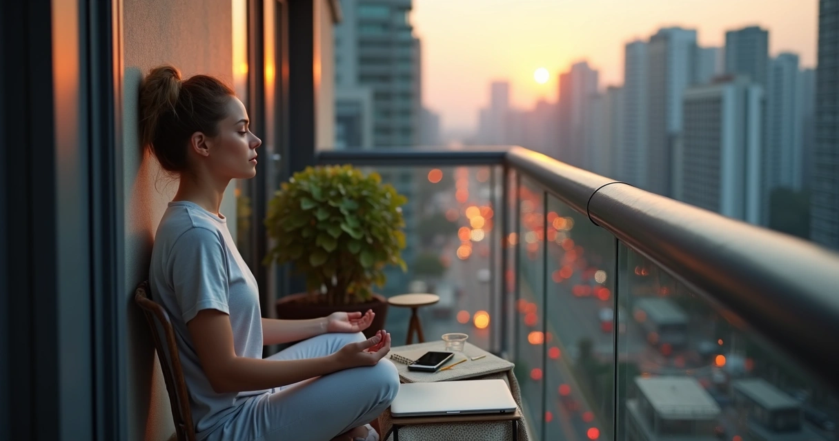 Person practicing calm breathing on small city balcony at sunrise 