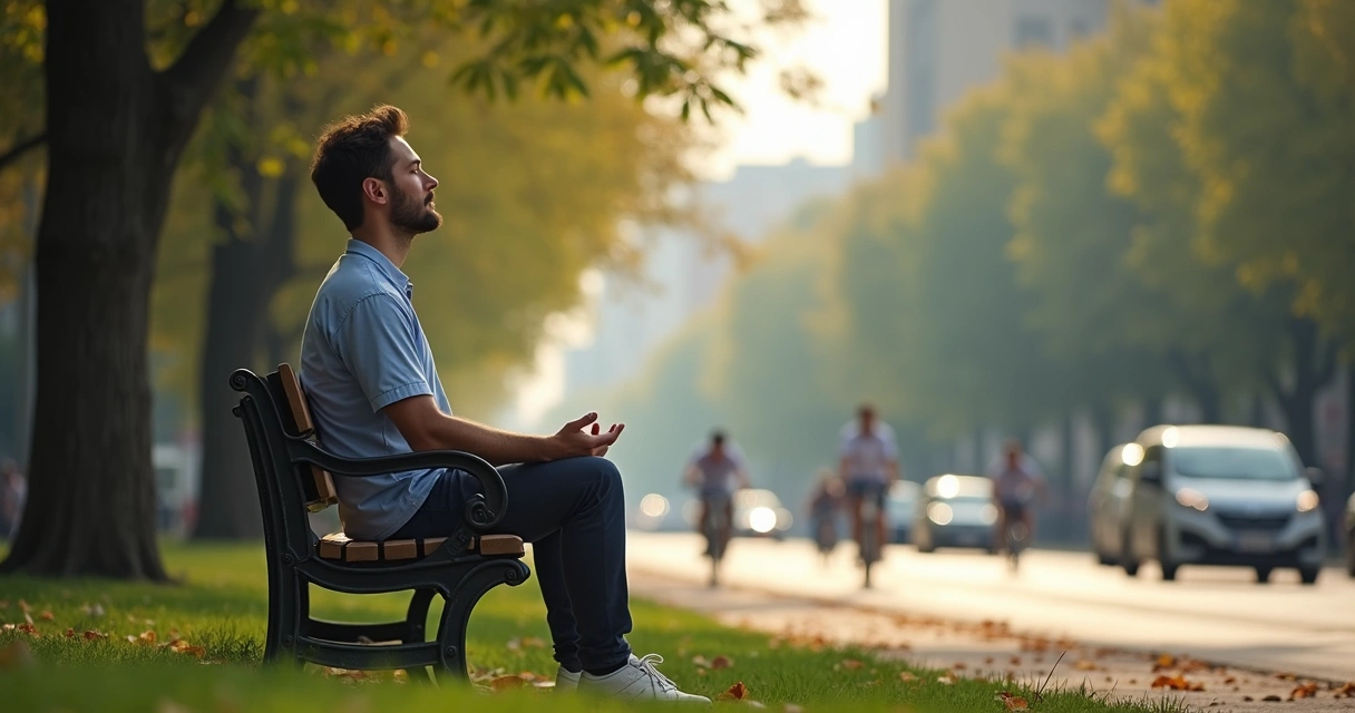 Man meditating quietly on a park bench in a busy urban setting 