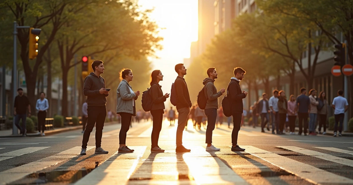 People calmly pausing at a city crosswalk bathed in warm morning light 