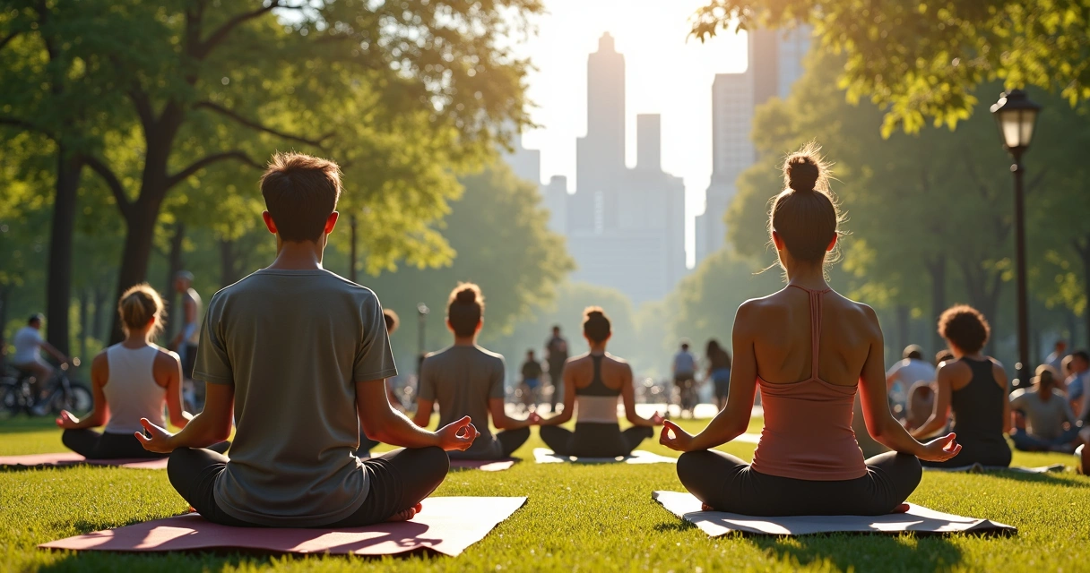People practicing mindfulness in bustling city park 
