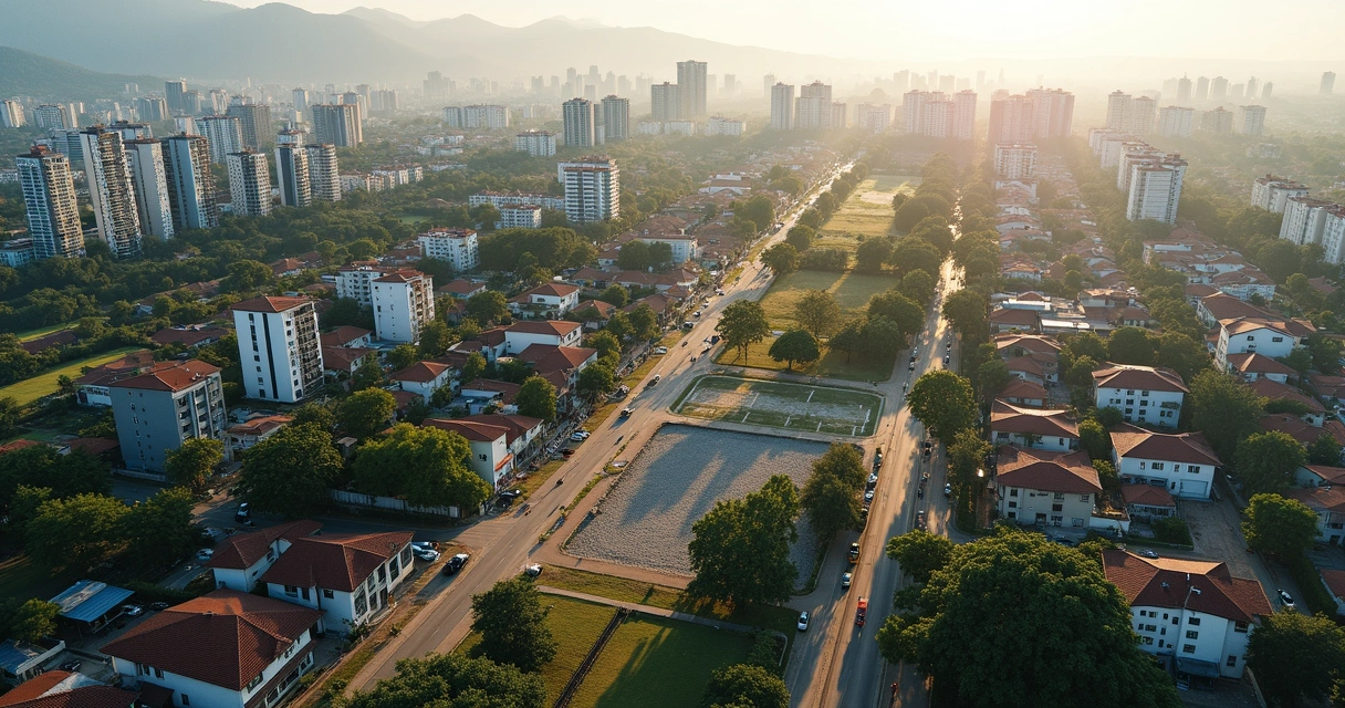 Vista aérea de bairro popular com áreas verdes e prédios baixos 