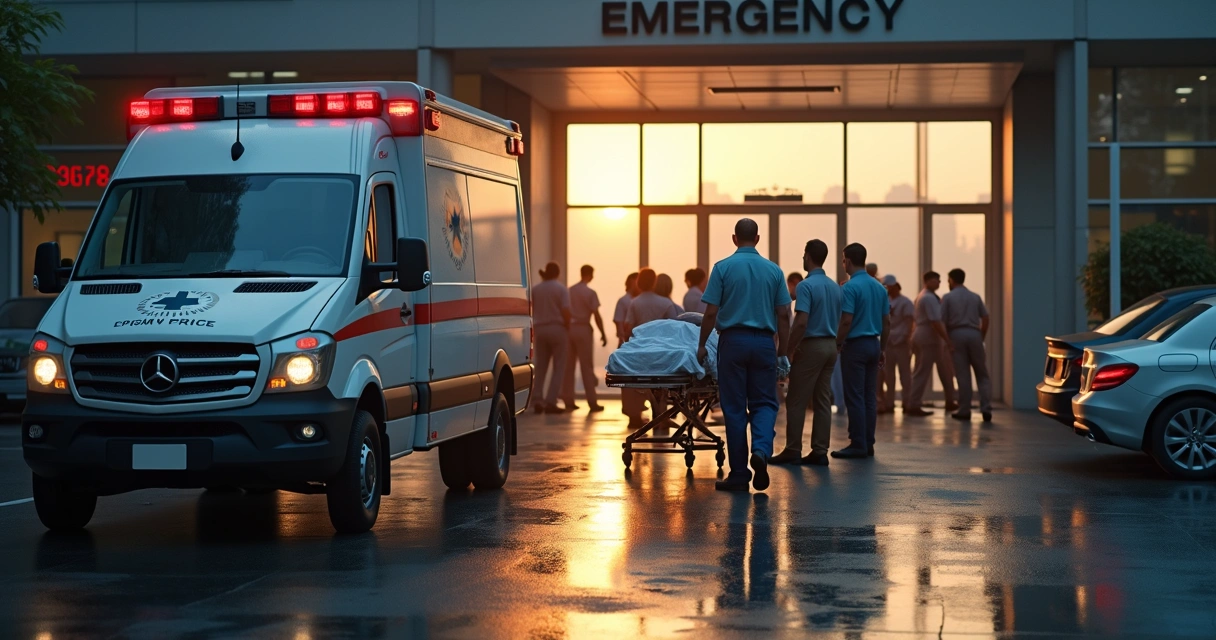 Ambulância chegando a hospital com equipe médica em prontidão 