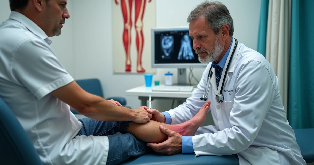 Médico vascular avaliando perna inchada com varizes em consultório 