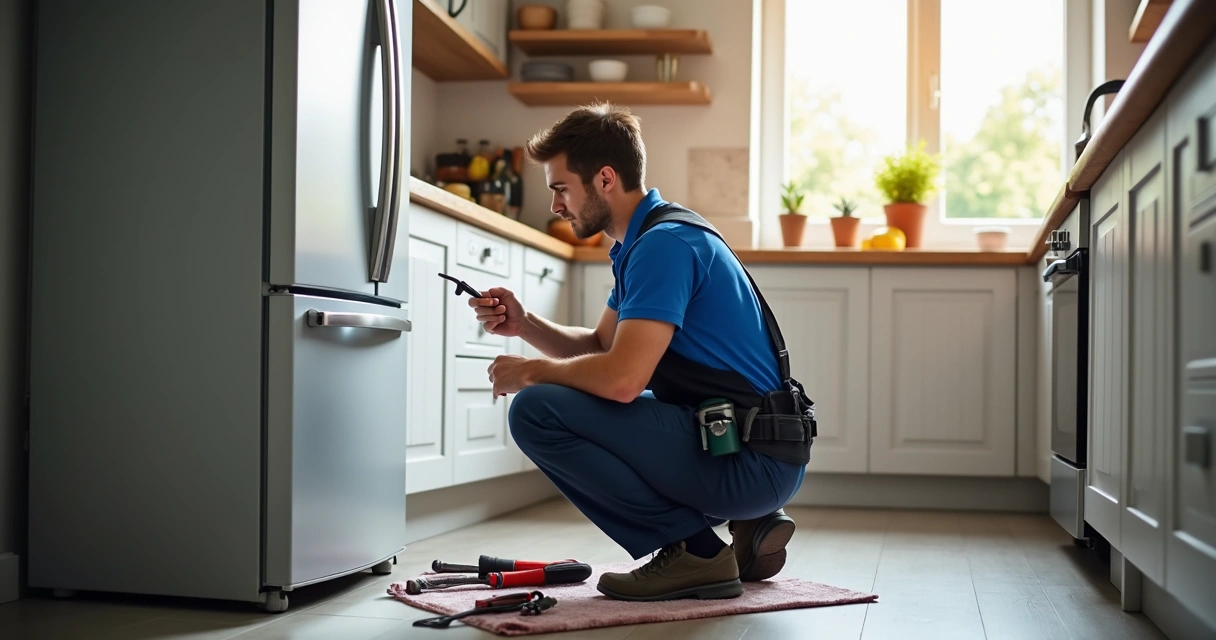 Técnico consertando geladeira em situação de urgência 