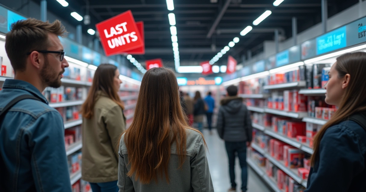 Pessoas em uma loja olhando para produtos com avisos de 'últimas unidades' e expressando tensão e pressa. 