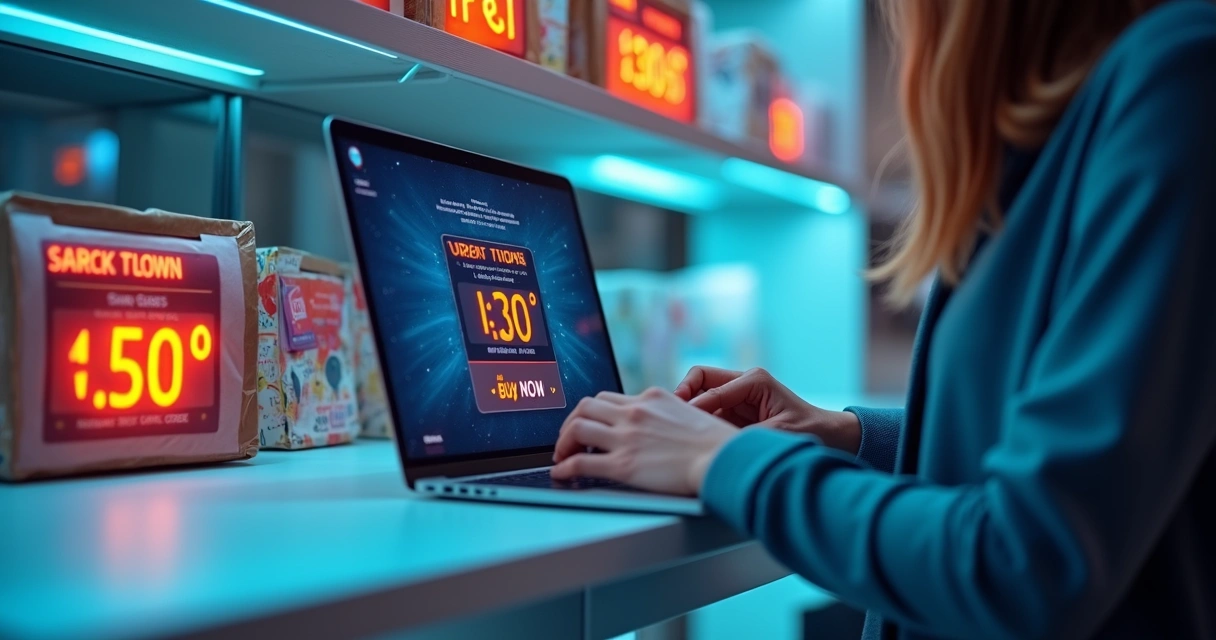 Produtos de e-commerce com etiquetas de tempo e estoque na prateleira digital