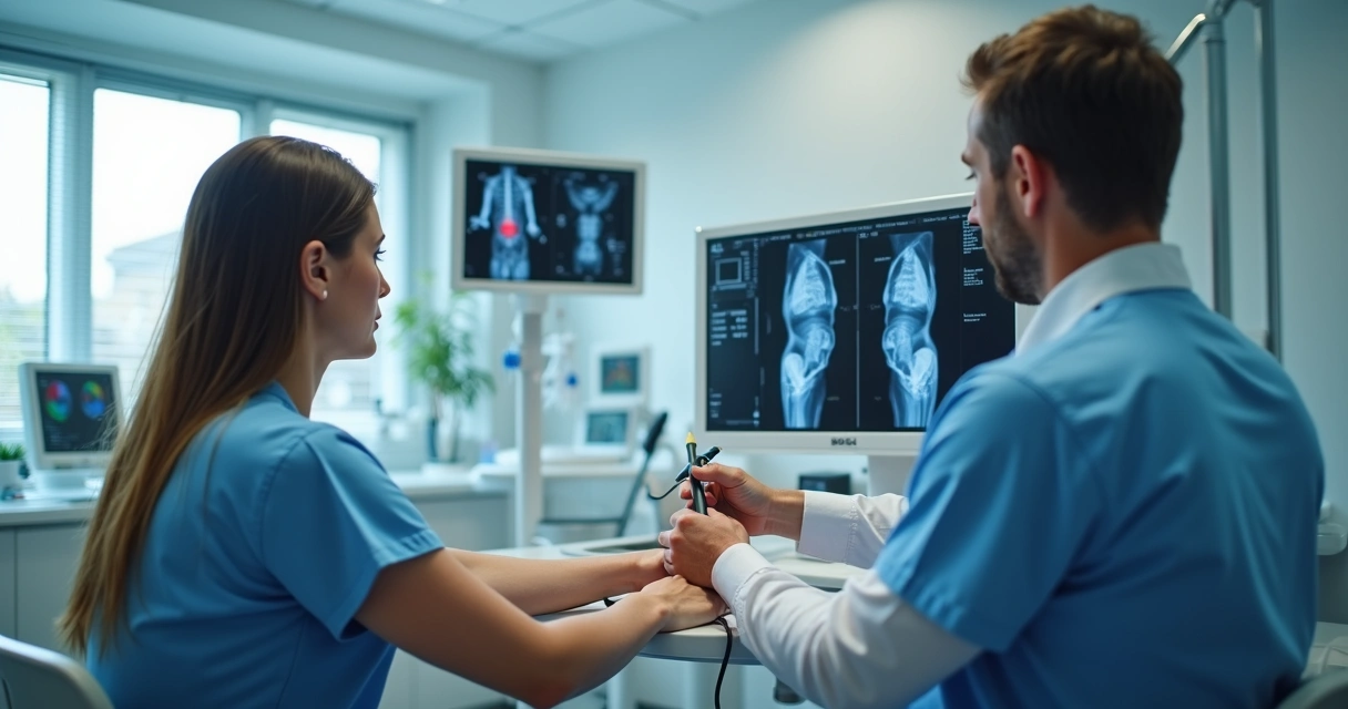 Paciente sentado recebendo ultrassom em lesão no braço 