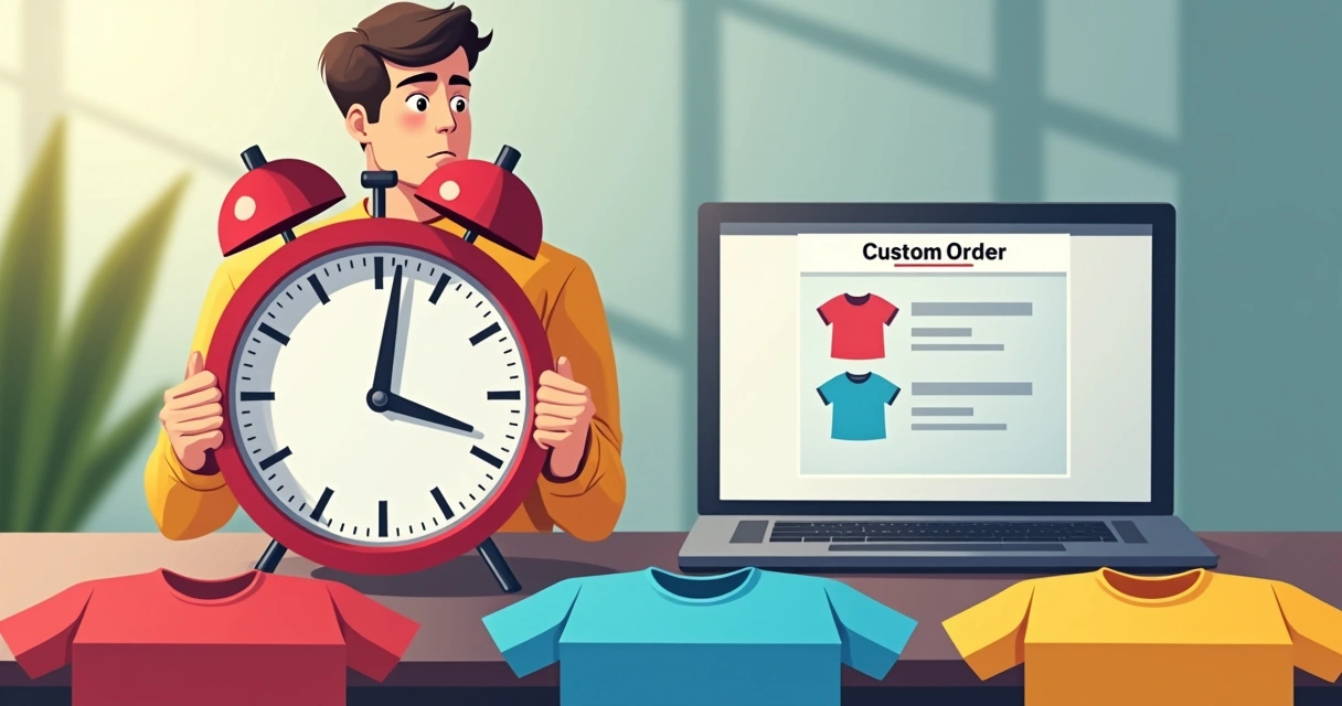 Pessoa segurando relógio ao lado de camisetas personalizadas 