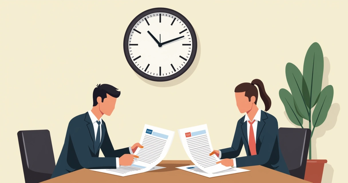 Relógio de parede grande em destaque, proposta de venda e dois empresários conferindo prazo em reunião.