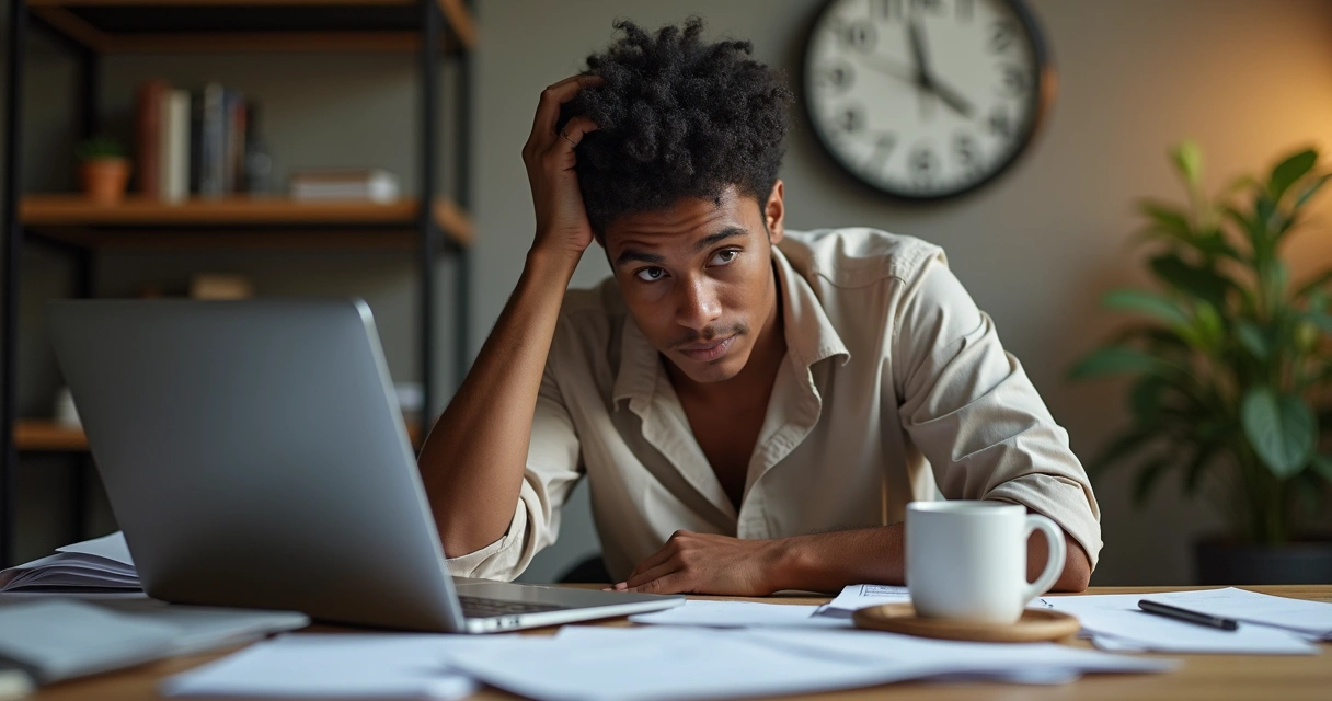Pessoa refletindo em mesa de escritório com papéis e computador