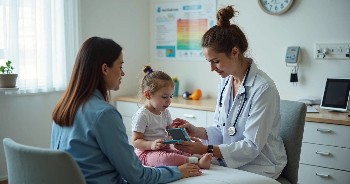 Pediatra avaliando criança em leito de pronto atendimento pediátrico 