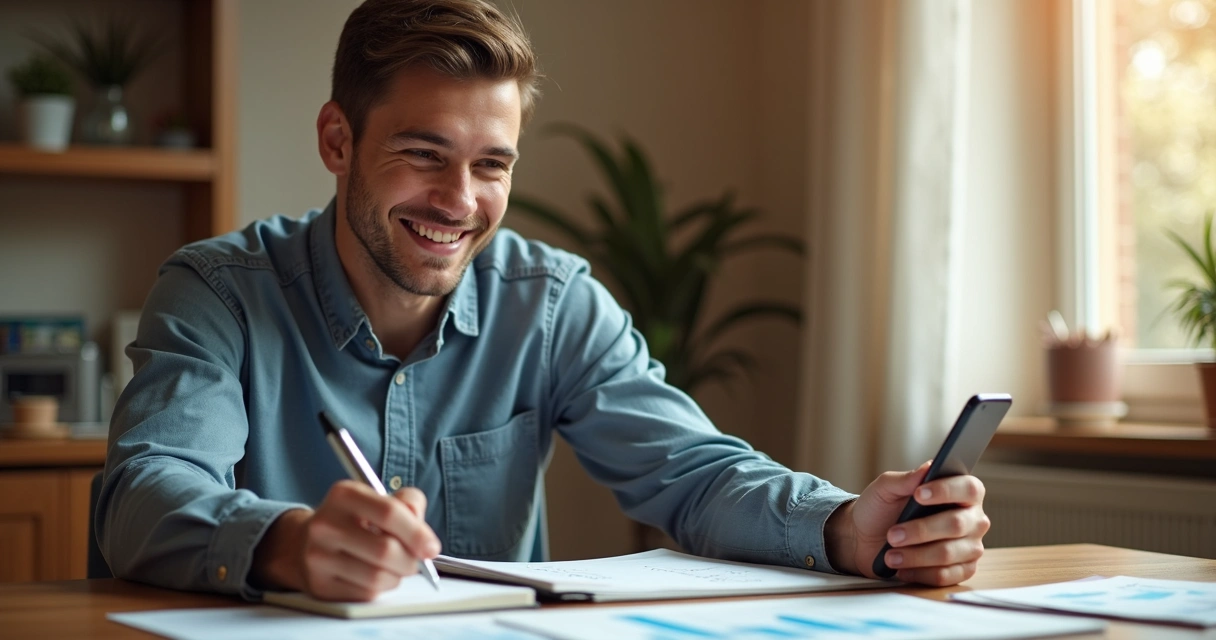 Educador financeiro sorrindo ao organizar agenda ao lado de notebook 