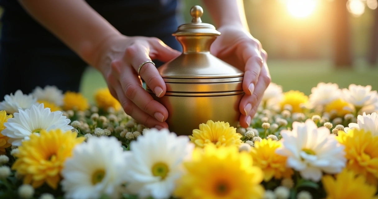 Urna cerimonial decorada com flores ao redor. 
