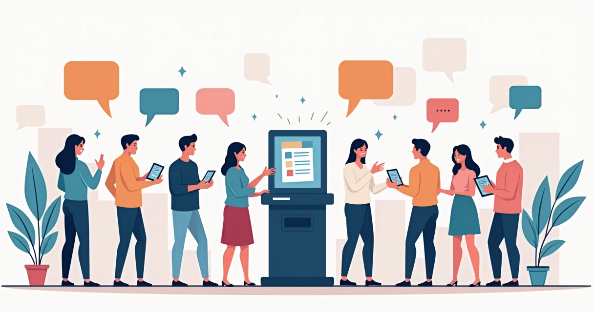 Ilustração de urna eletrônica, pessoas ao redor interagindo e mídias digitais ao fundo indicando comunicação eleitoral