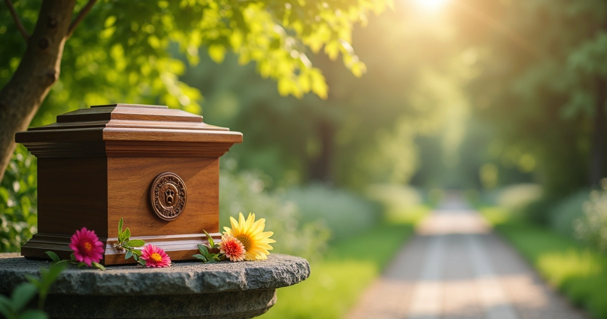 Urna de cremação para pet ao lado de plantas em ambiente natural 