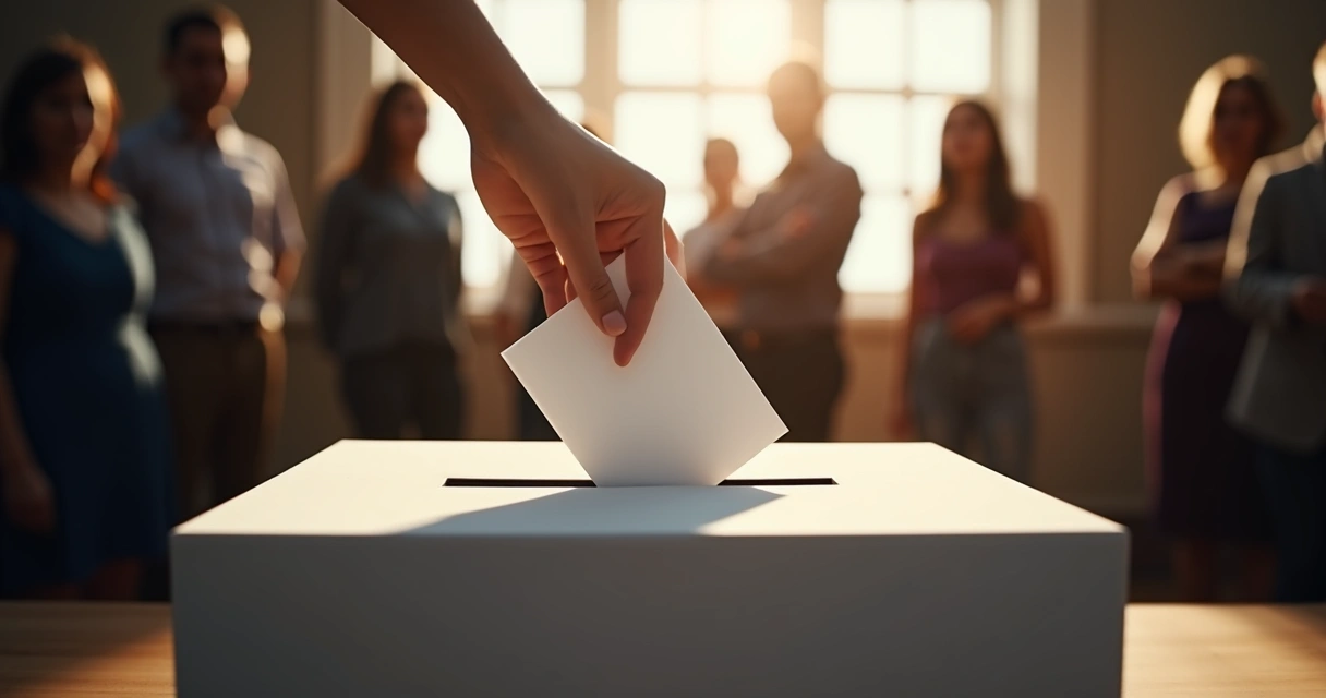 Urna de votação com sombras humanas ao fundo