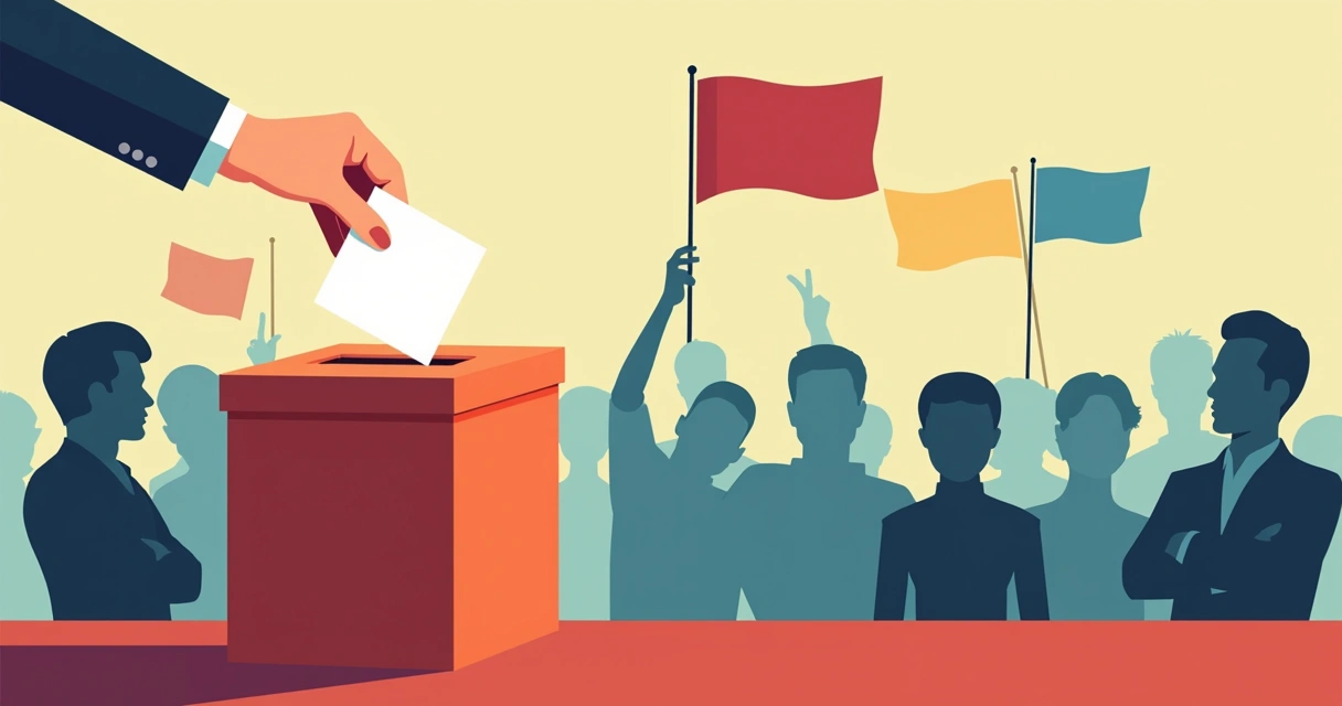 Urna de votação de eleição sindical com pessoas debatendo ao fundo 