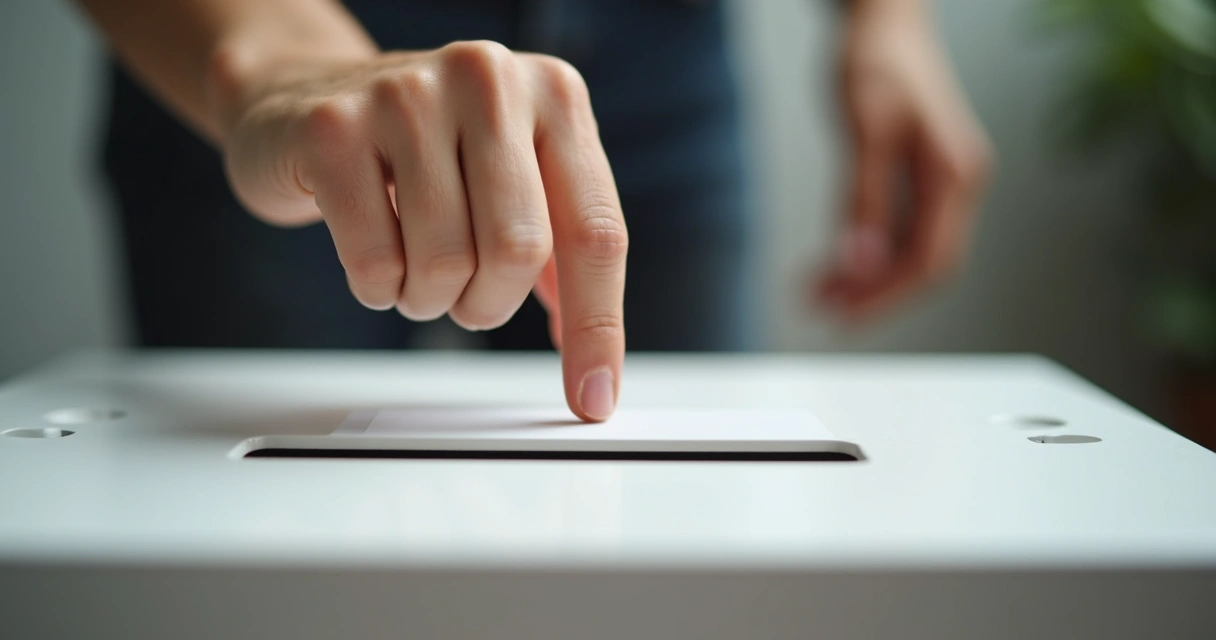 Pessoa digitando voto em urna eletrônica, foco na mão e na urna