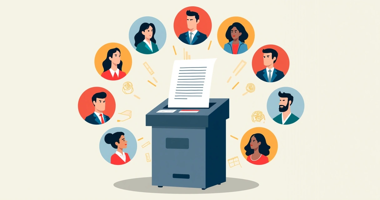 Urna eletrônica no centro com ilustrações de diferentes candidatos em volta 