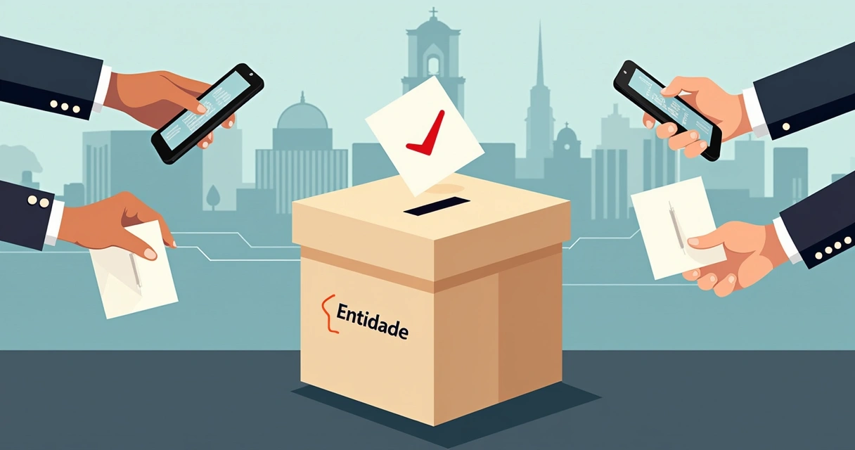 Urna eletrônica e cédulas ilustrando votação institucional 