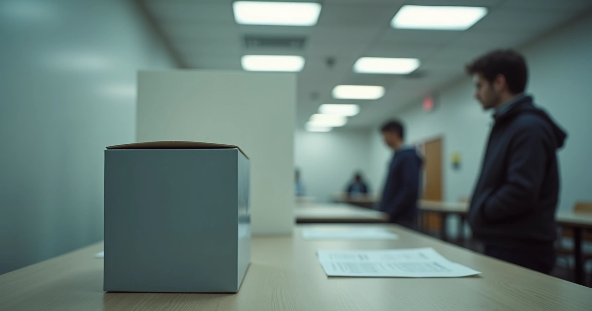 Urna eletrônica sobre mesa com divisória para voto secreto, ambiente de seção eleitoral