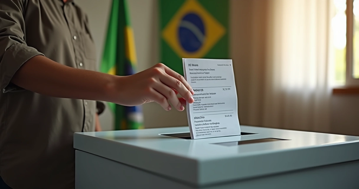 Urna eletrônica aberta mostrando cédula eleitoral ao lado de bandeira do Paraná