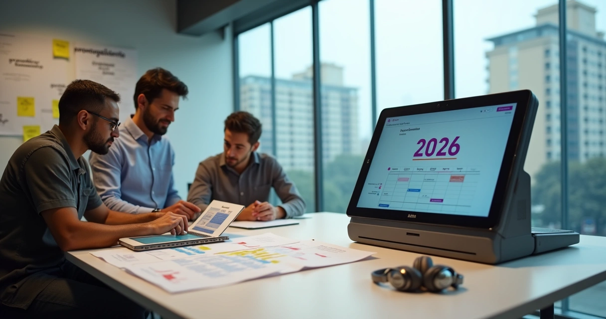 Equipe de campanha analisando calendário eleitoral de 2026 ao lado de urna eletrônica 