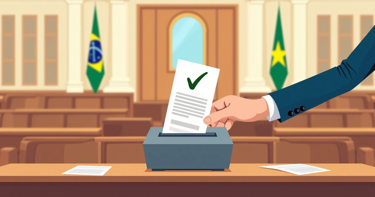 Urna eletrônica sendo usada durante eleição, com Parlamento ao fundo 