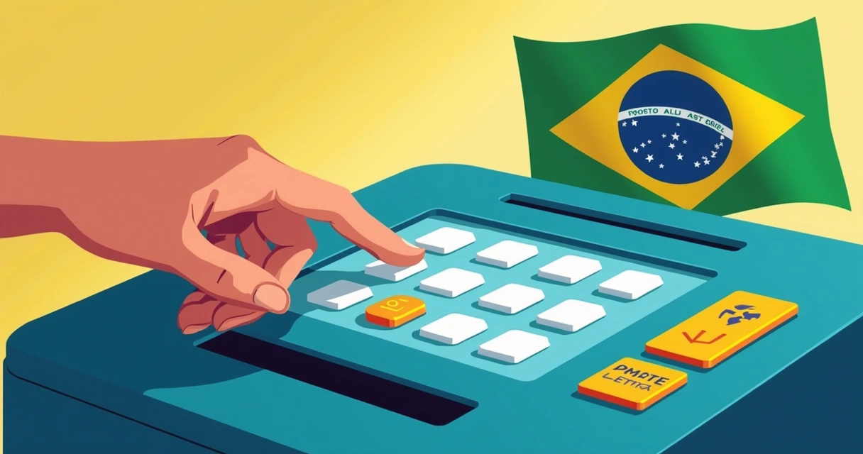 Urna eletrônica brasileira e eleitor apertando a tecla de confirmação 