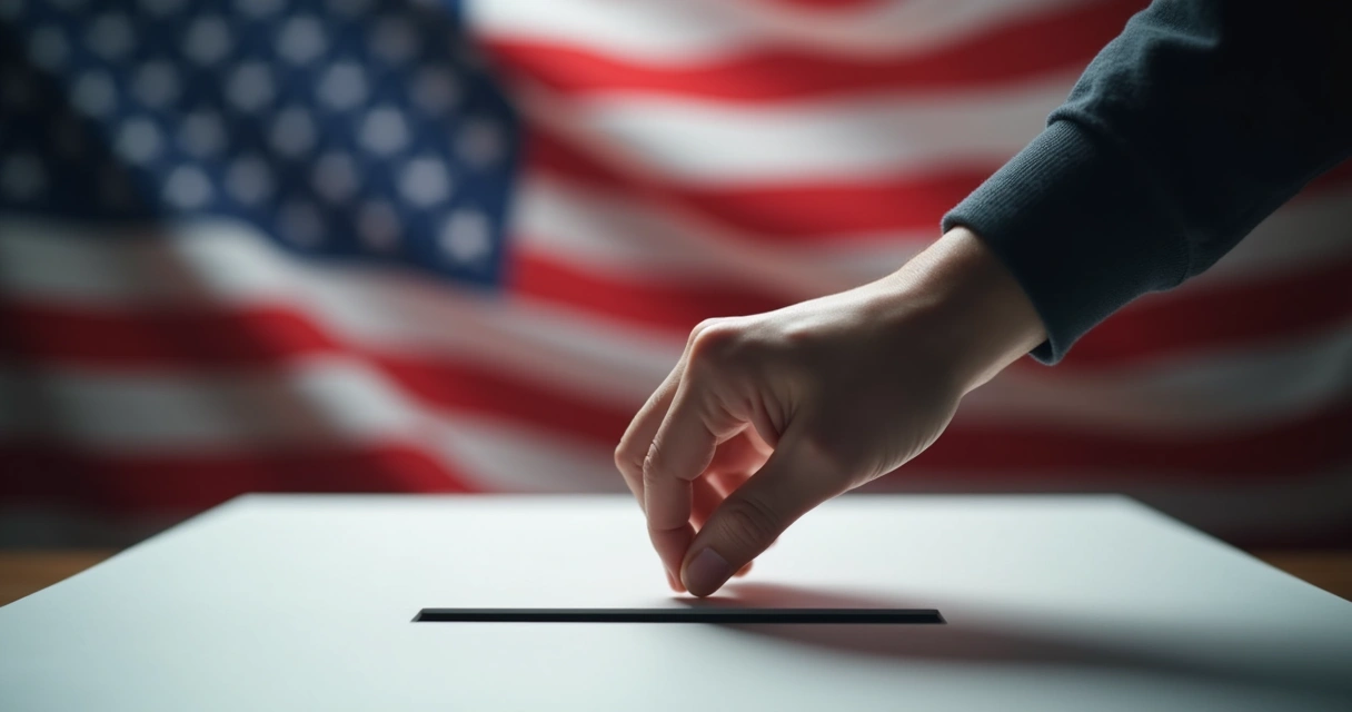 Pessoa votando em urna eletrônica com bandeira do país ao fundo