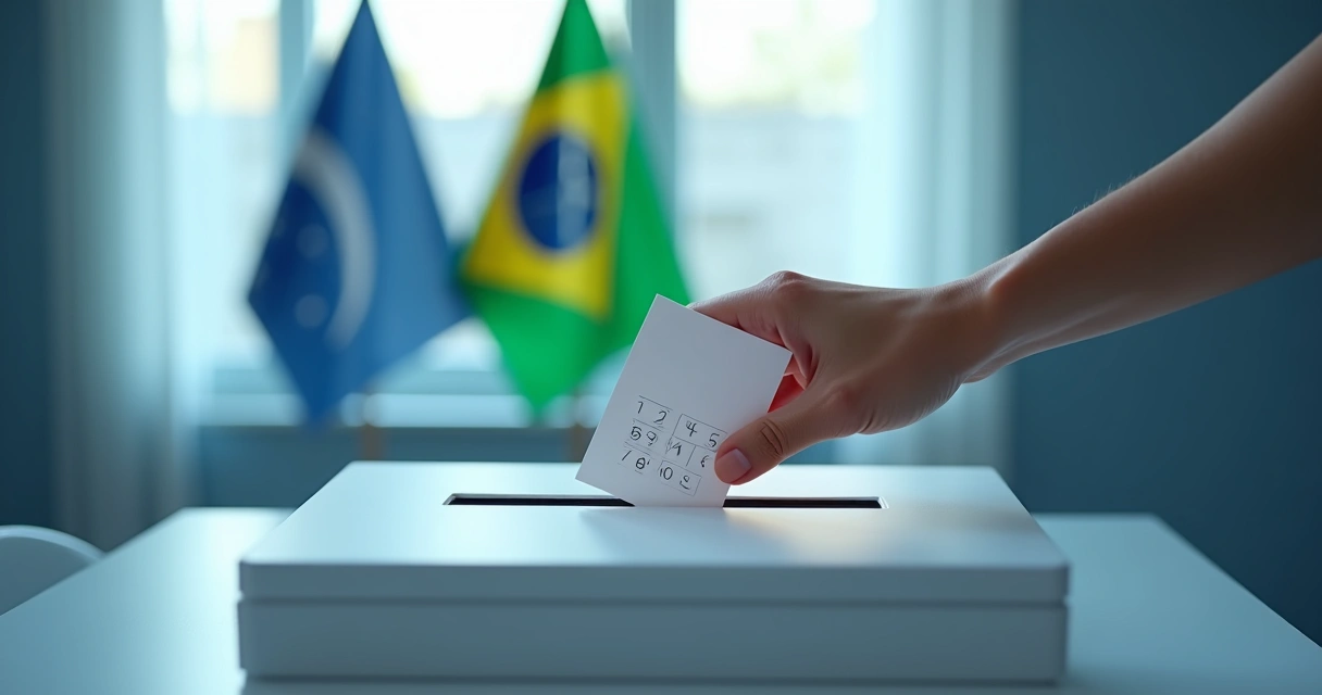 Urna eletrônica e mão digitando números na urna, com fundo azul claro