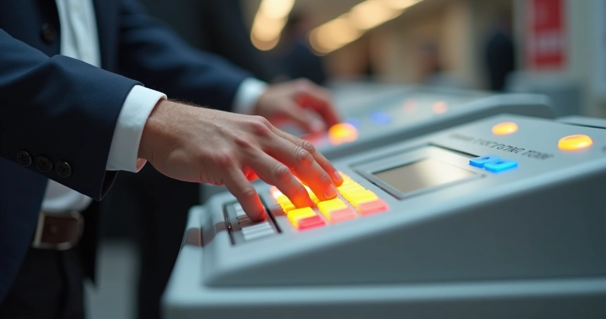 Mãos adultas digitando em urna eletrônica durante votação política 