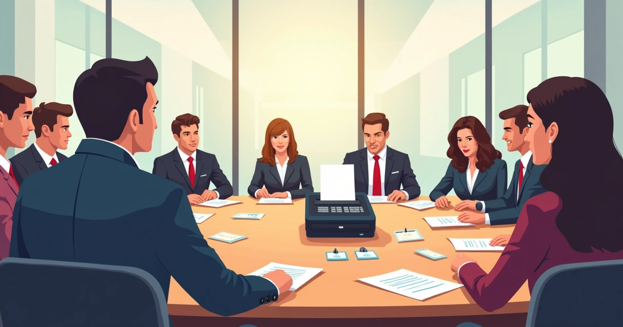 Urna eletrônica sendo observada por pessoas em mesa de reunião empresarial