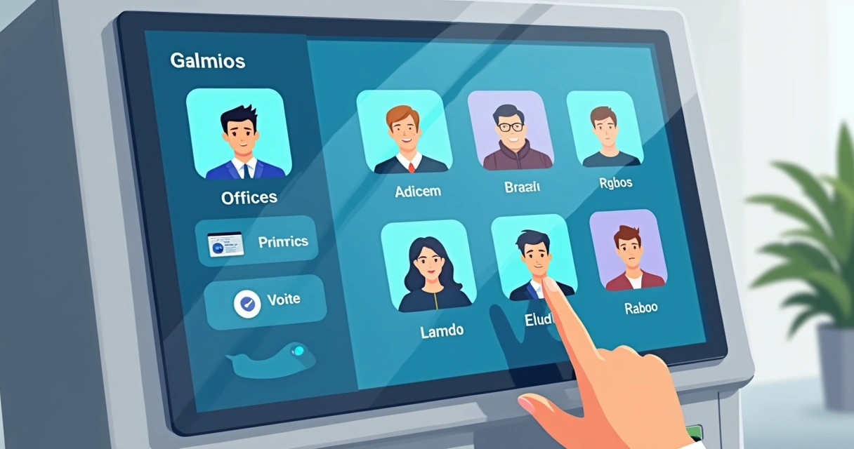 Detalhe de urna eletrônica com tela digital mostrando cargos para votação. 