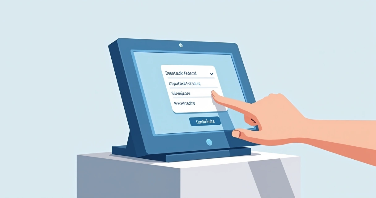 Urna eletrônica com tela mostrando sequência de cargos em votação 